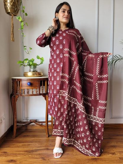 Cotton Suit Set Handblock Floral Print Maroon