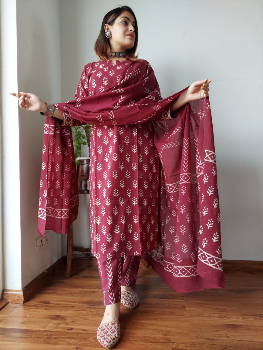 Cotton Suit Set Handblock Floral Print Maroon