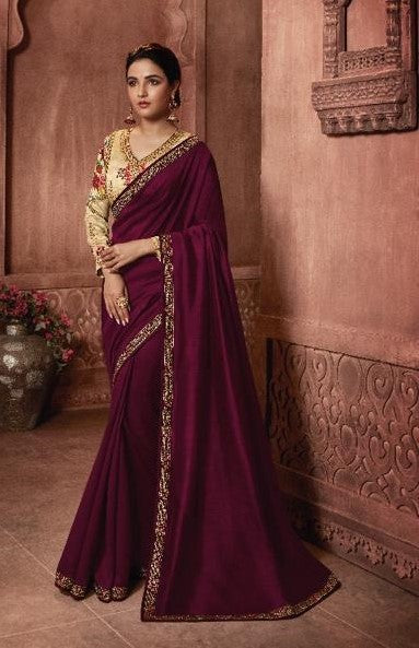 Magenta Embroidered Georgette Silk Saree with Blouse Piece