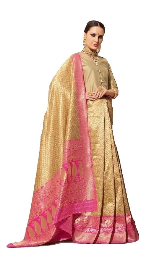 Beige and Pink Weaving Silk Saree