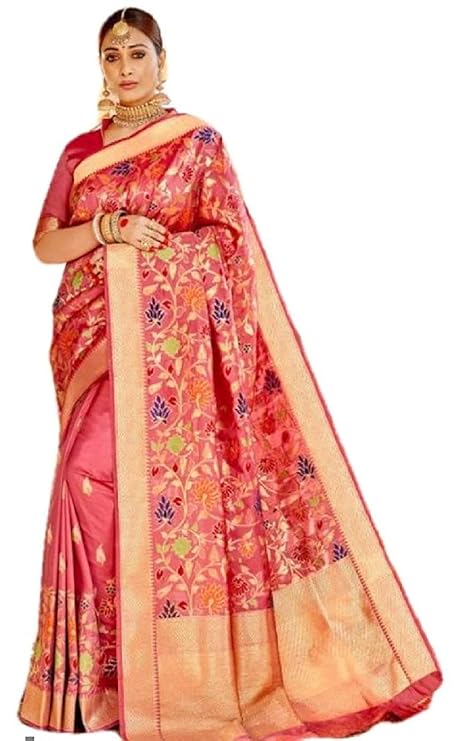 Pink Woven Silk Saree for Women With Blouse Piece