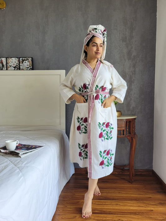 Waffle Handblock Printed Cotton Bath Robe with Towel