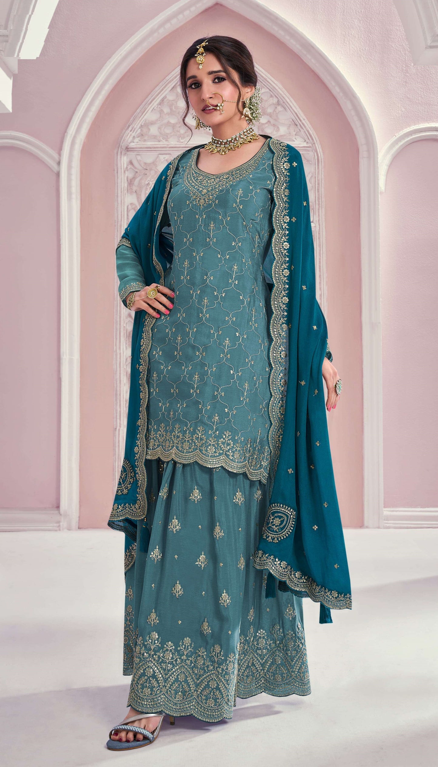 Chinon Silk Fabric Embroidered Palazzo Salwar Suit