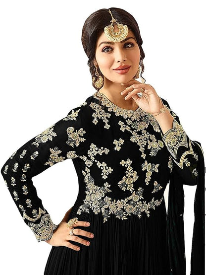 Black Semi-stitched Georgette Embroidered Anarkali Suit