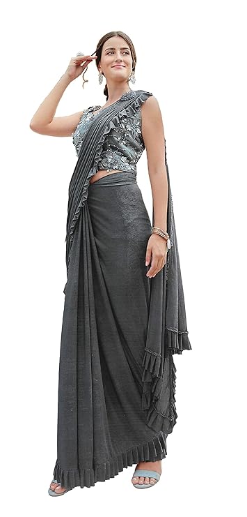 Readymade Gray Saree for Women with Readymade Blouse