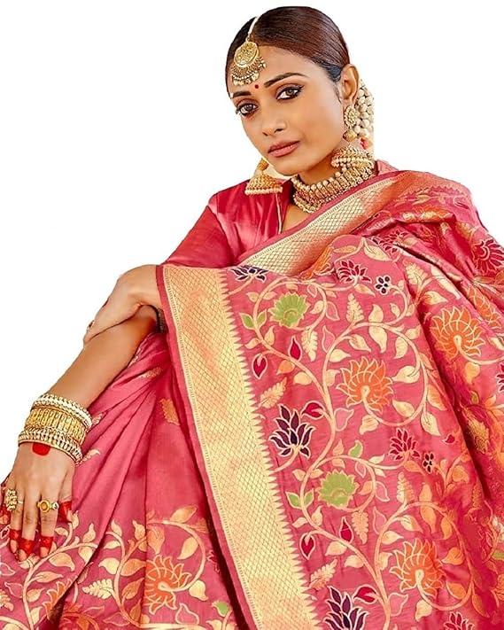 Pink Woven Silk Saree for Women With Blouse Piece