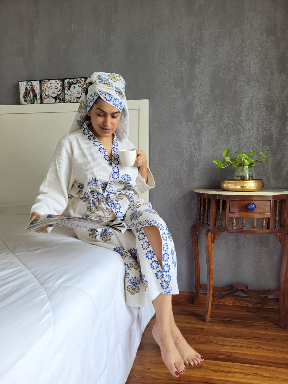 Waffle Handblock Printed Cotton Bath Robe with Towel