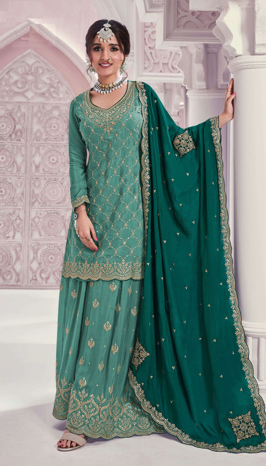 Chinon Silk Fabric Embroidered Palazzo Salwar Suit