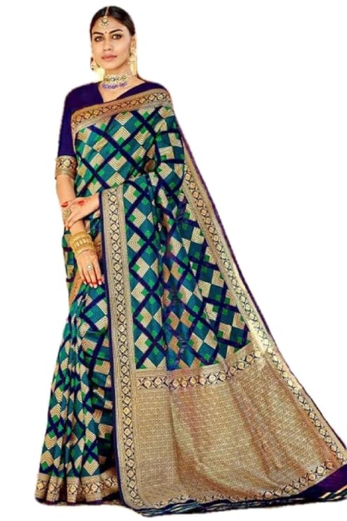 Blue Woven Silk Saree for Women With Blouse Piece