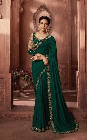 Green Embroidered Georgette Silk Saree with Blouse Piece