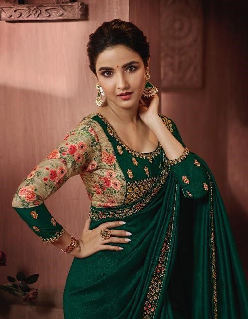 Green Embroidered Georgette Silk Saree with Blouse Piece