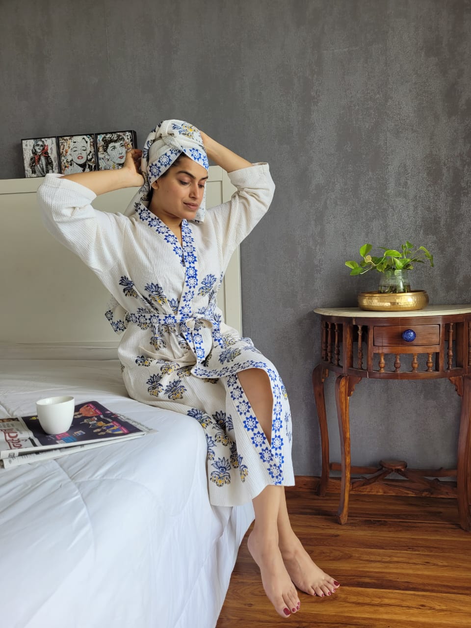 Waffle Handblock Printed Cotton Bath Robe with Towel