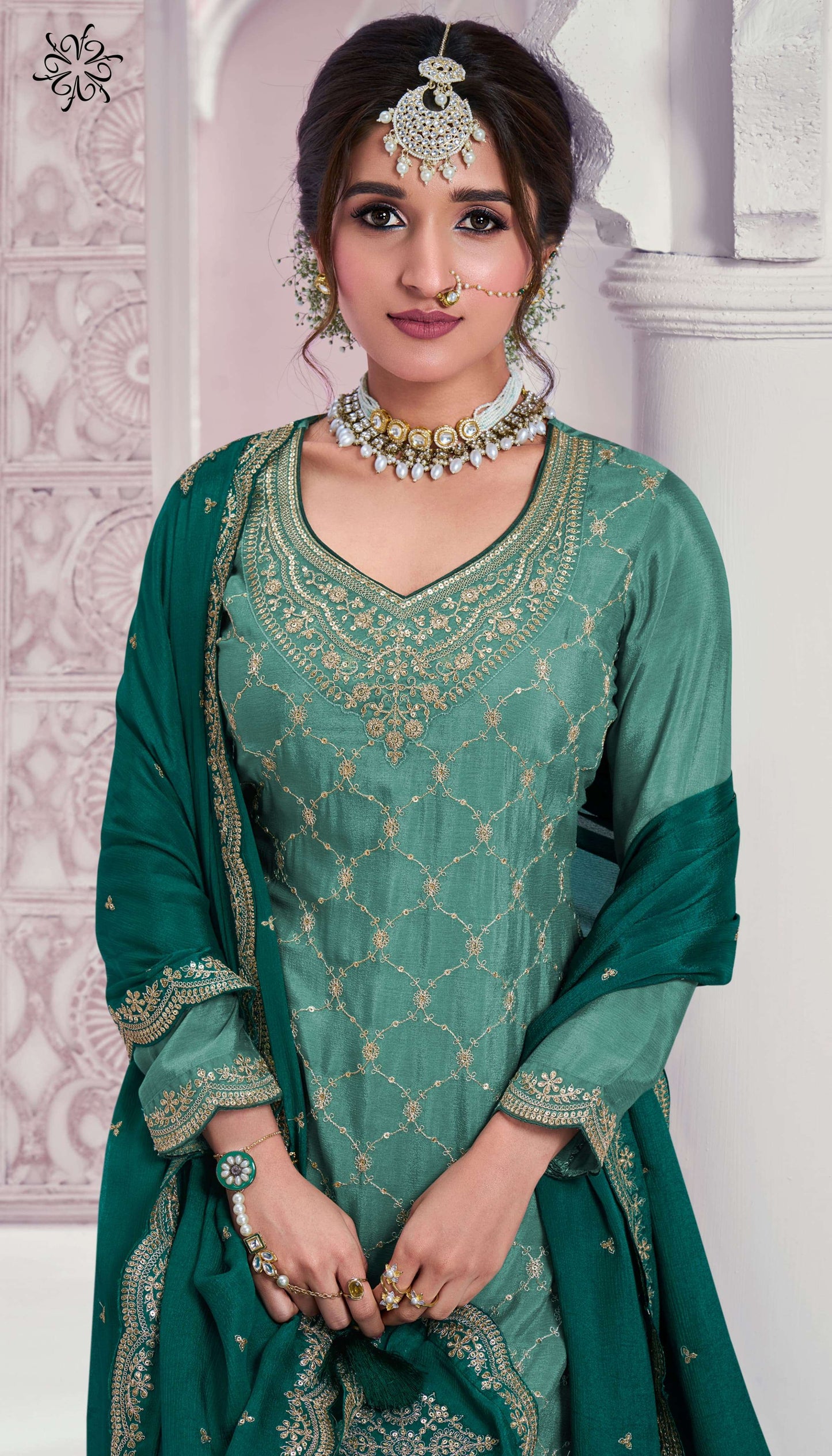 Chinon Silk Fabric Embroidered Palazzo Salwar Suit