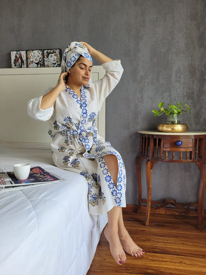 Waffle Handblock Printed Cotton Bath Robe with Towel