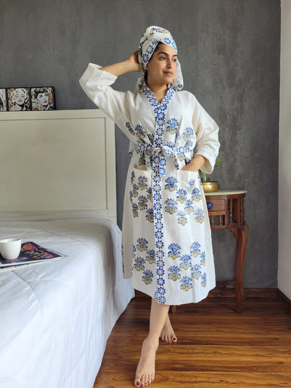 Waffle Handblock Printed Cotton Bath Robe with Towel