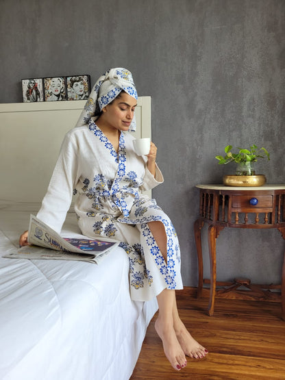 Waffle Handblock Printed Cotton Bath Robe with Towel