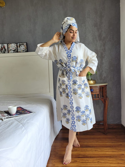 Waffle Handblock Printed Cotton Bath Robe with Towel