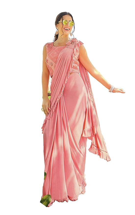 Readymade Peach Saree for Women with Readymade Blouse