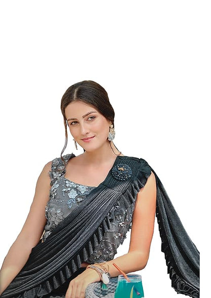 Readymade Gray Saree for Women with Readymade Blouse