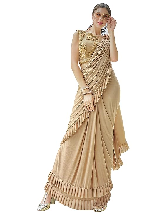 Readymade Beige Saree for Women with Readymade Blouse