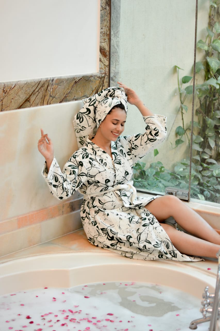 Waffle Handblock Printed Cotton Bath Robe with Towel