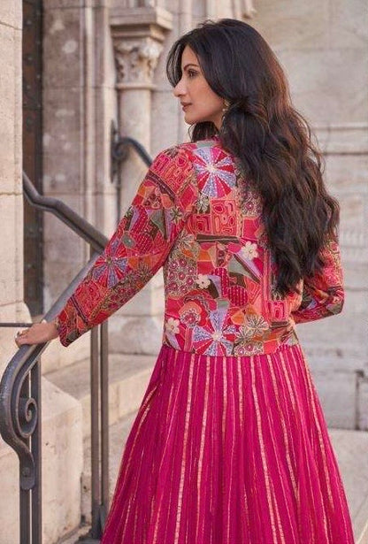 Multicolor Embroidery and Beads work Jacket Styled Crop Top Lehenga