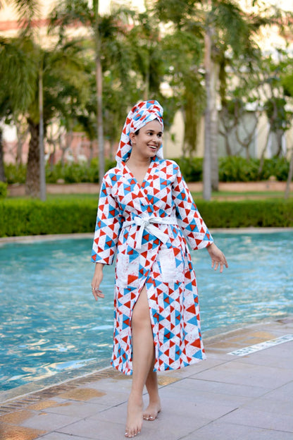 Waffle Handblock Printed Cotton Bath Robe with Towel