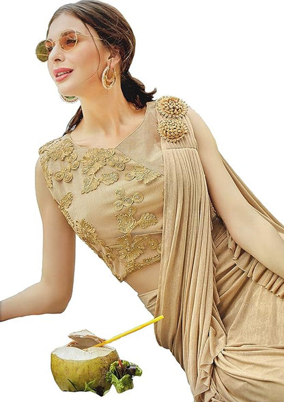 Readymade Beige Saree for Women with Readymade Blouse