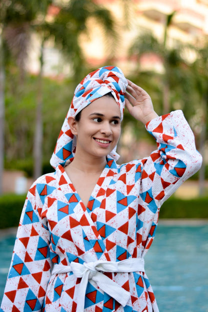 Waffle Handblock Printed Cotton Bath Robe with Towel