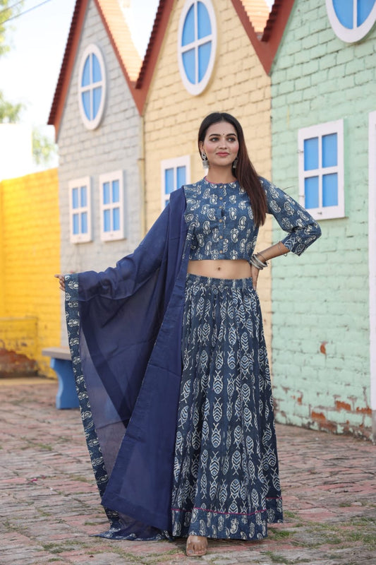 Pure Mul Cotton Lehenga Blouse & Dupatta Set