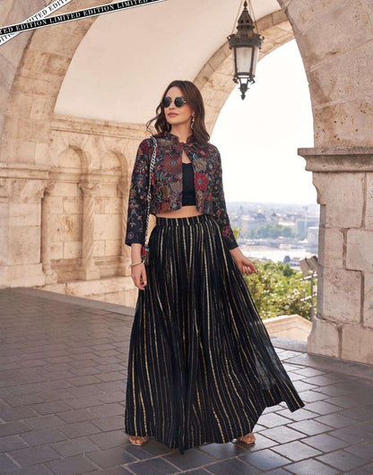 Multicolor Embroidery and Beads work Jacket Styled Crop Top Lehenga