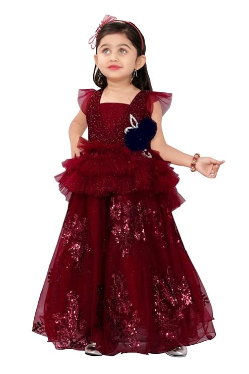 Maroon Color Shimmer And Sequin Designer Gown for Girls