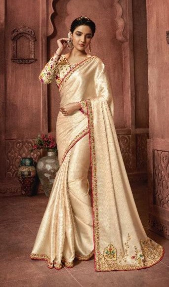 White Embroidered Georgette Silk Saree with Blouse Piece