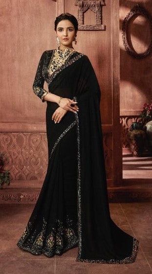 Black Embroidered Georgette Silk Saree with Blouse Piece