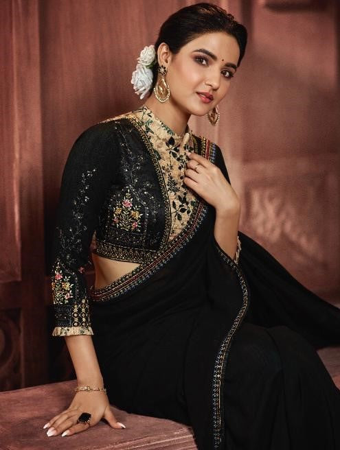 Black Embroidered Georgette Silk Saree with Blouse Piece