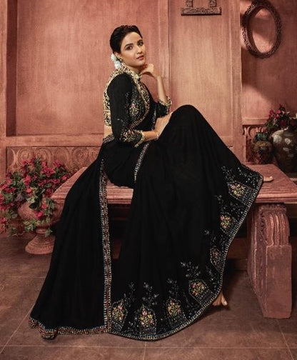 Black Embroidered Georgette Silk Saree with Blouse Piece