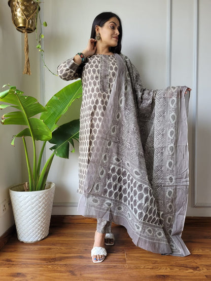 Cotton Suit Set Handblock Print Gray