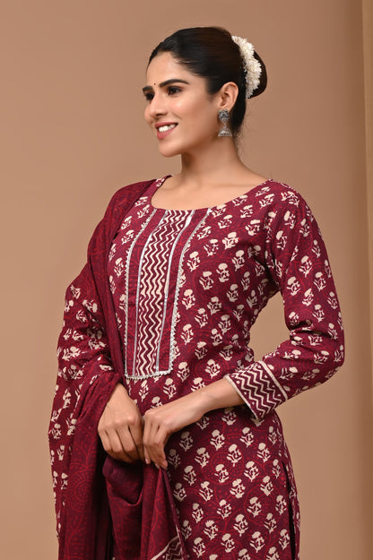 Cotton Suit Set Handblock Print Maroon