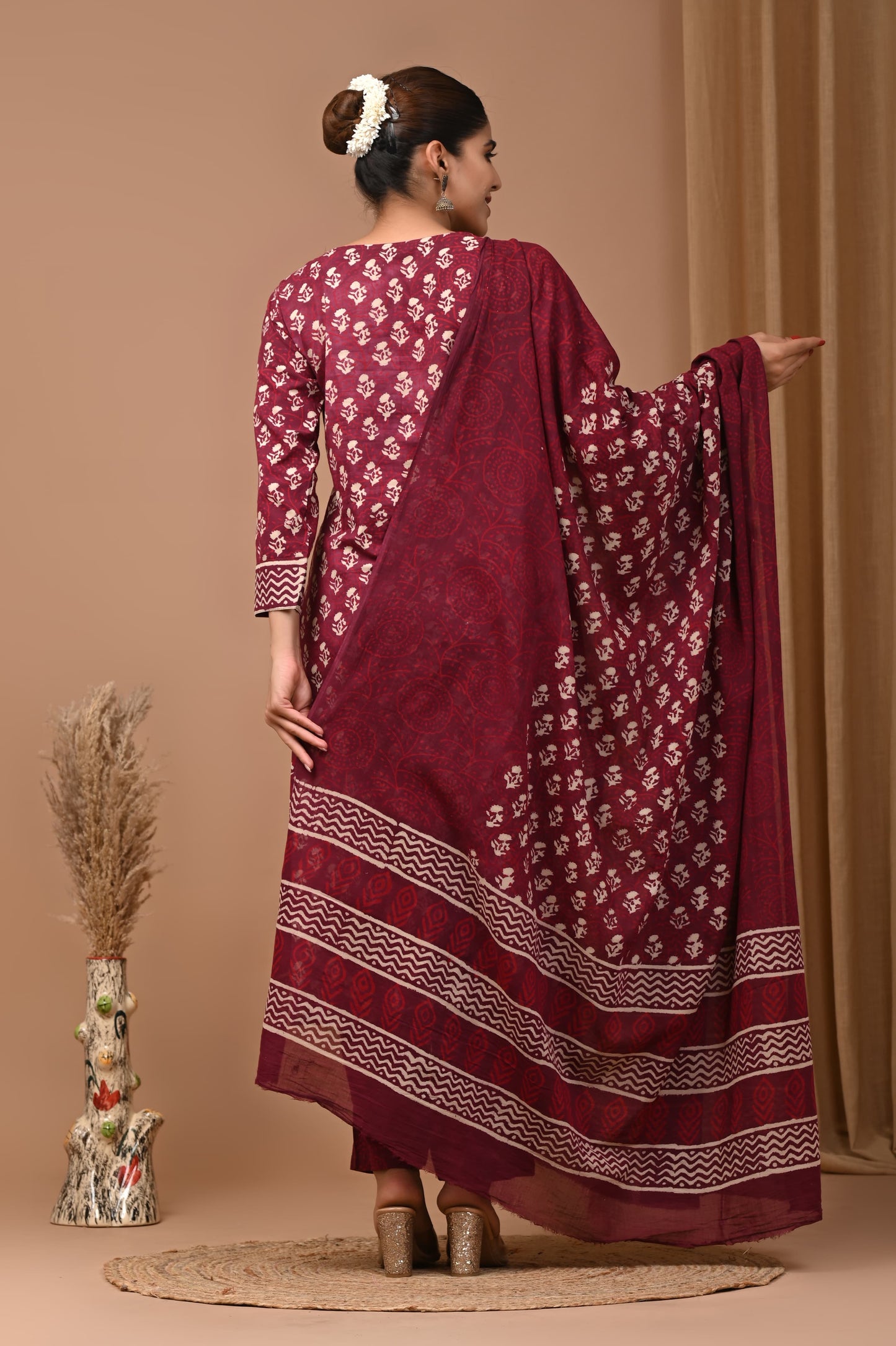 Cotton Suit Set Handblock Print Maroon