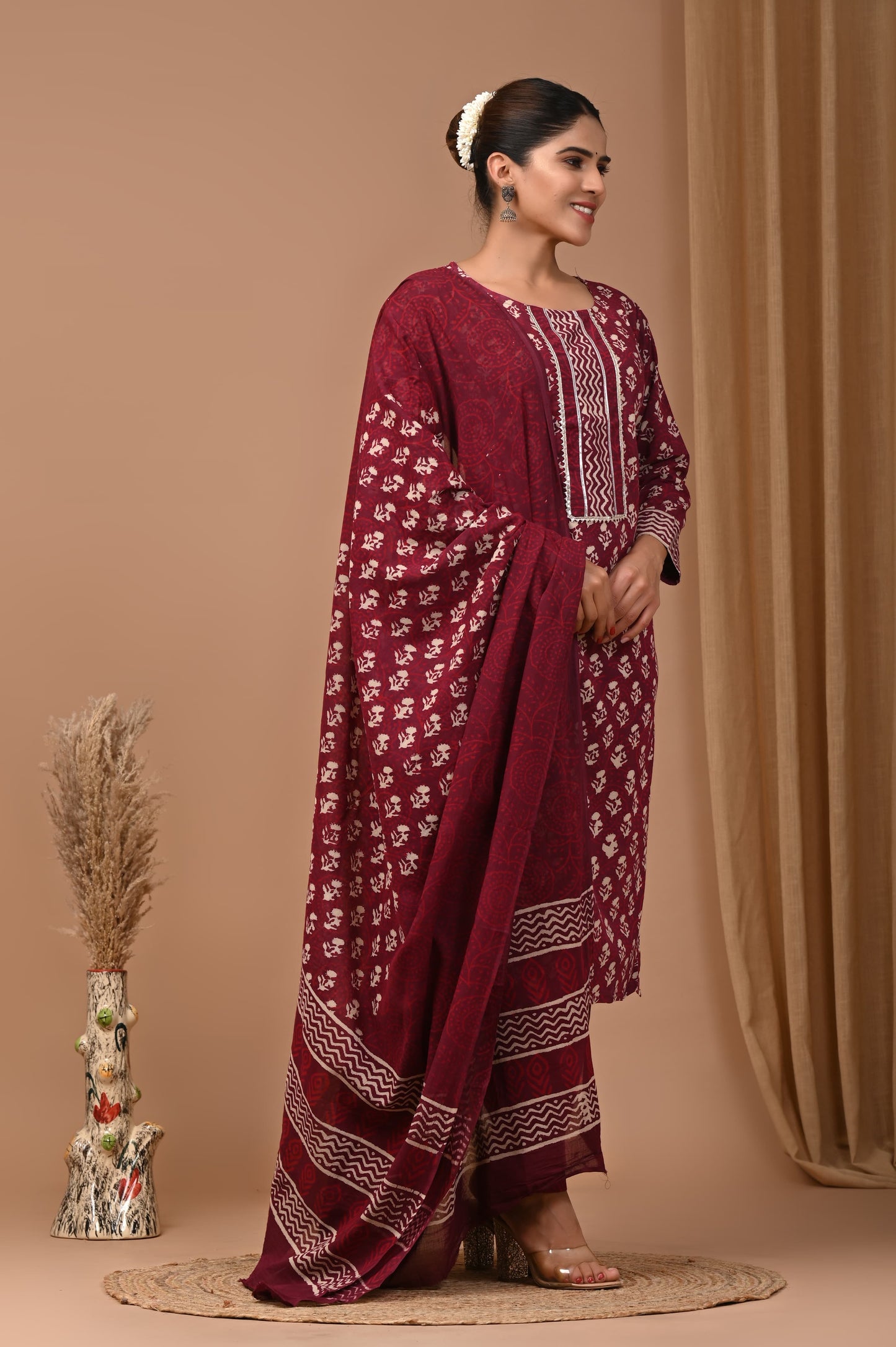 Cotton Suit Set Handblock Print Maroon