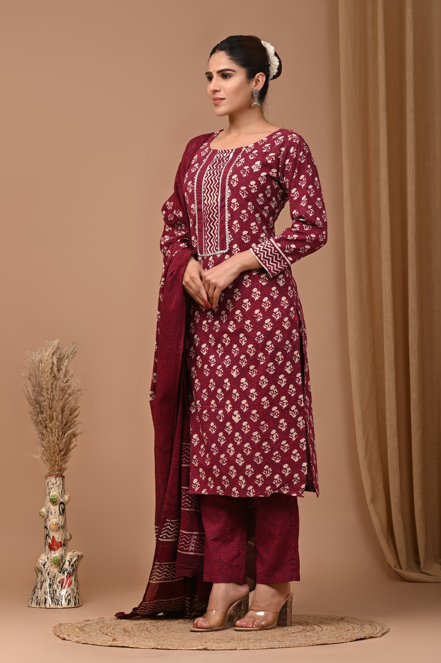 Cotton Suit Set Handblock Print Maroon