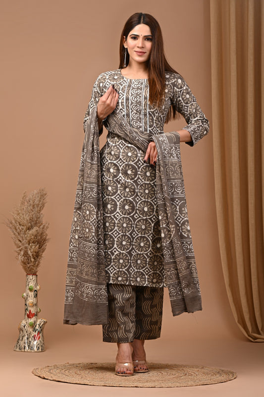 Cotton Suit Set Handblock Print Brown