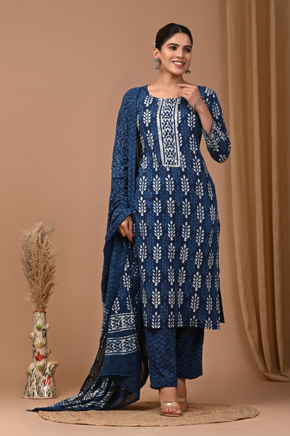 Cotton Suit Set Handblock Print Indigo Blue