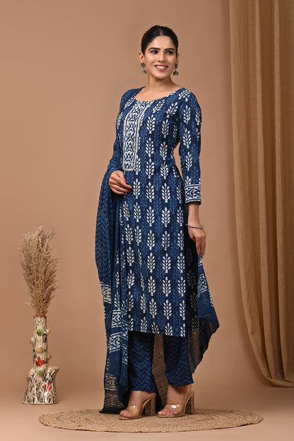 Cotton Suit Set Handblock Print Indigo Blue