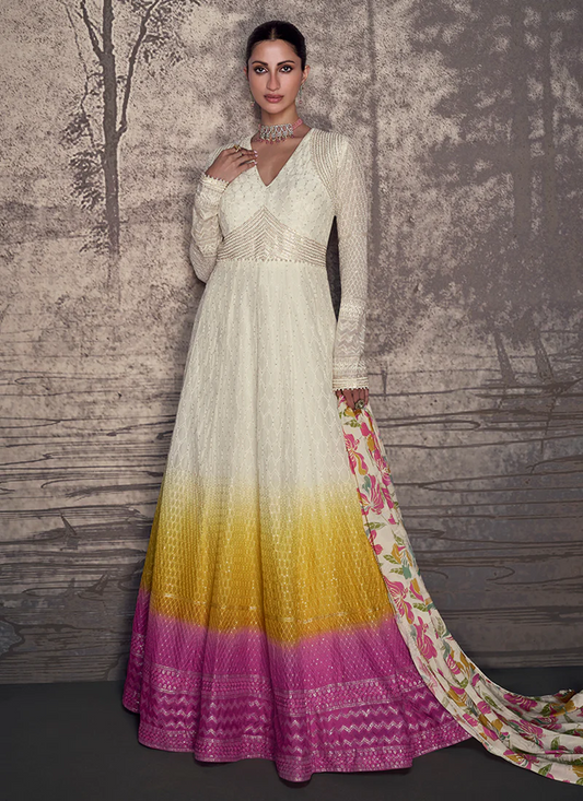 Off White Ombré Embroidery Anarkali Gown Dress